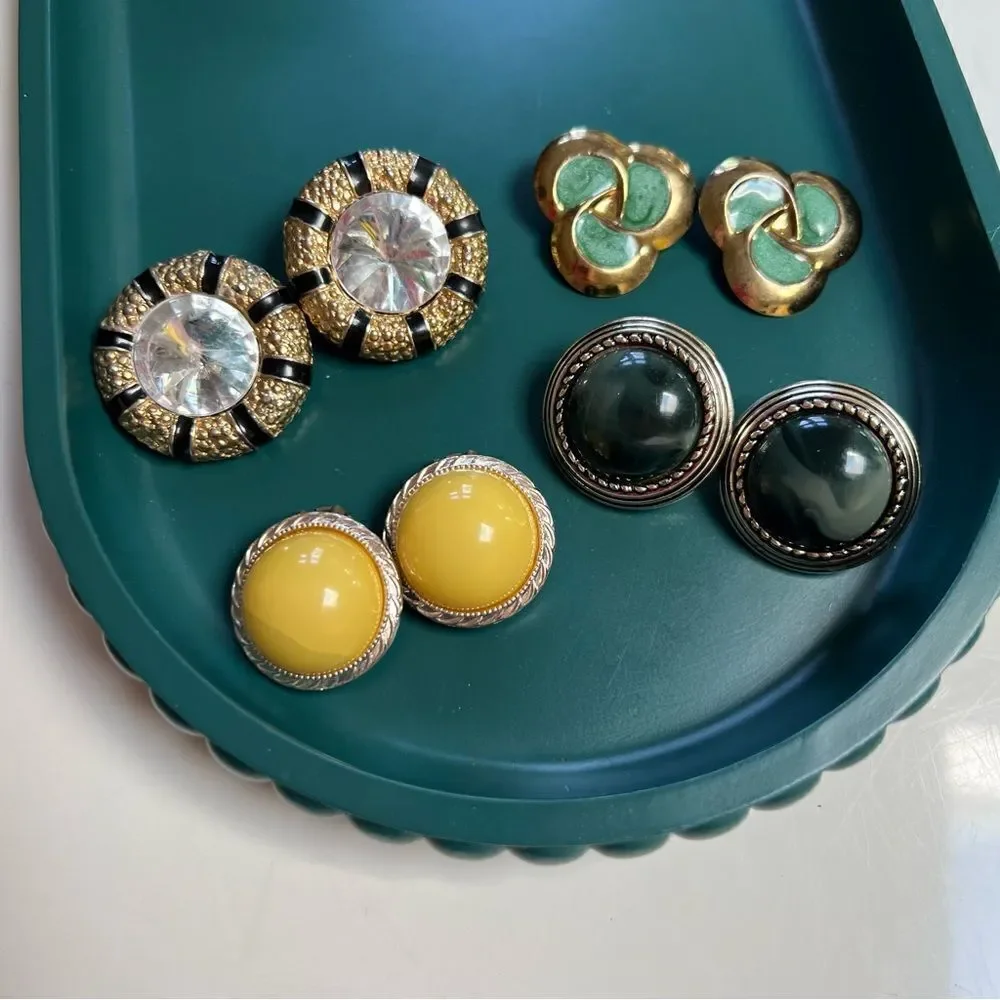 Four Pairs Vintage 1980s Large Maximalist Round Clip Statement Earrings Lot